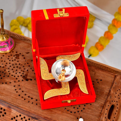 Brass Swastik Diya with Velvet Box