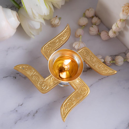 Brass Swastik Diya with Velvet Box