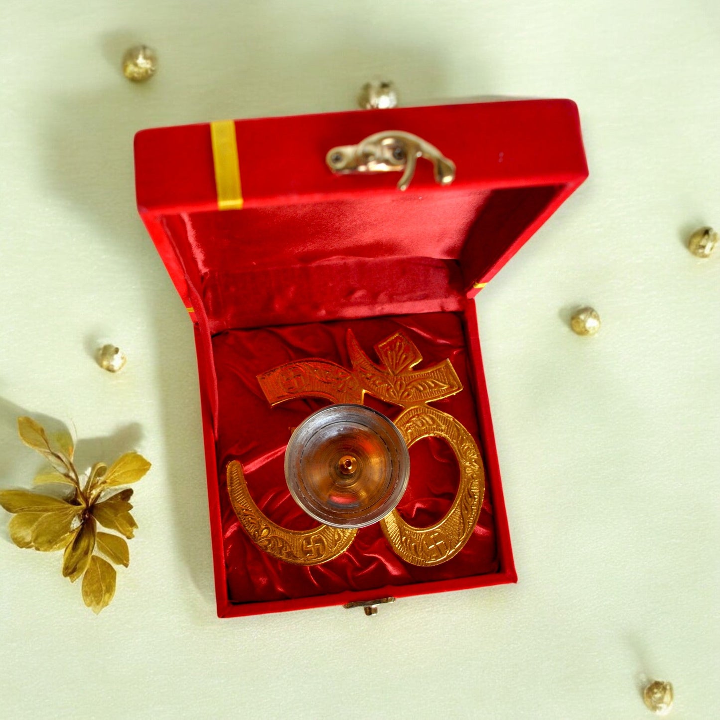 Brass Gold Silver Plated Om Diya With Velvet Box
