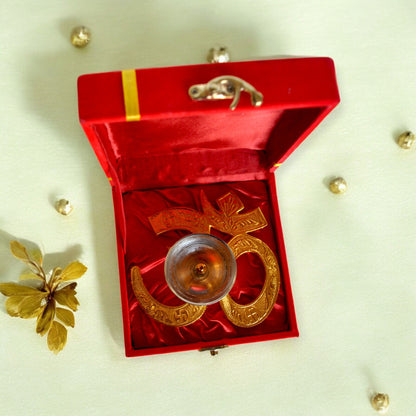 Brass Gold Silver Plated Om Diya With Velvet Box