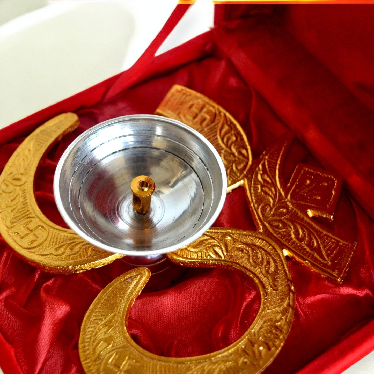 Brass Gold Silver Plated Om Diya With Velvet Box