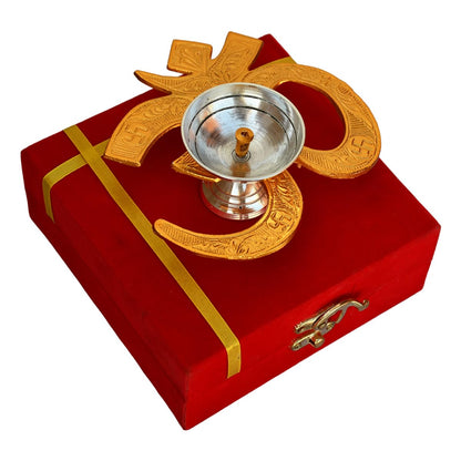 Brass Gold Silver Plated Om Diya With Velvet Box