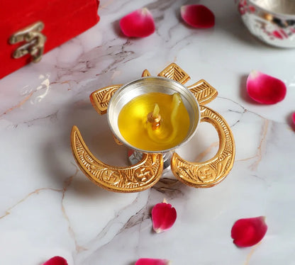 Brass Gold Silver Plated Om Diya With Velvet Box