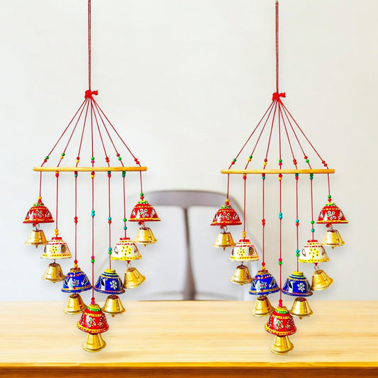 Wooden Wall Hanging with Bells and Bird set of 2 pc