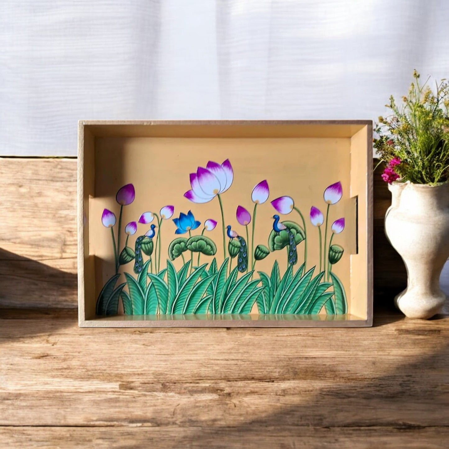 Wooden Hand Painted Serving Tray With Flowers Leaves And Peacocks Design