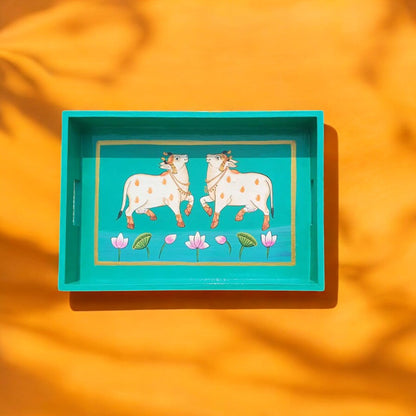 Wooden Hand Painted Serving Tray With Two Elegant Cow Design