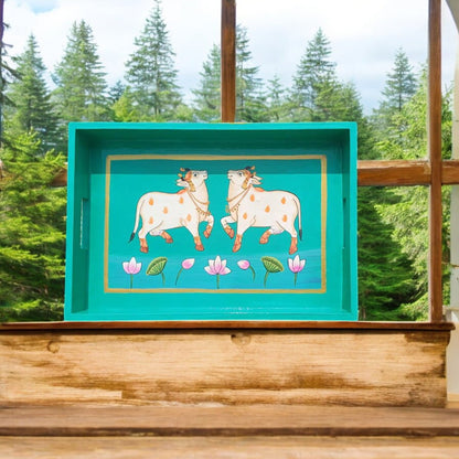 Wooden Hand Painted Serving Tray With Two Elegant Cow Design