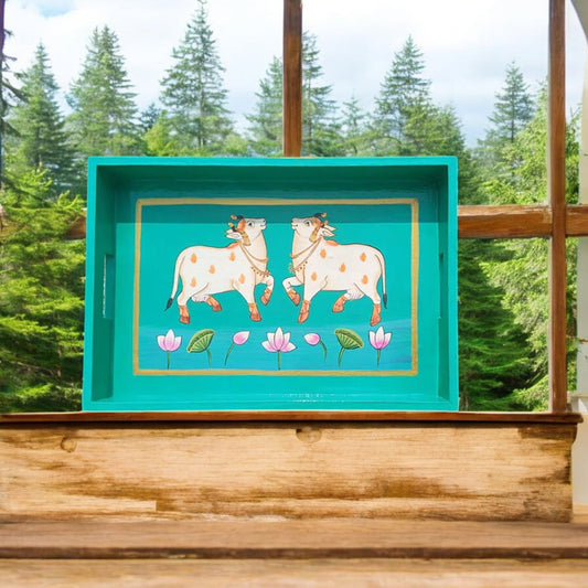 Wooden Hand Painted Serving Tray With Two Elegant Cow Design