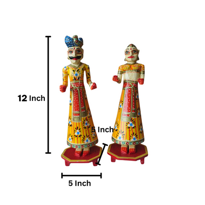 Wooden Hand Painted Rajasthani Gangaur Doll Set-Yellow