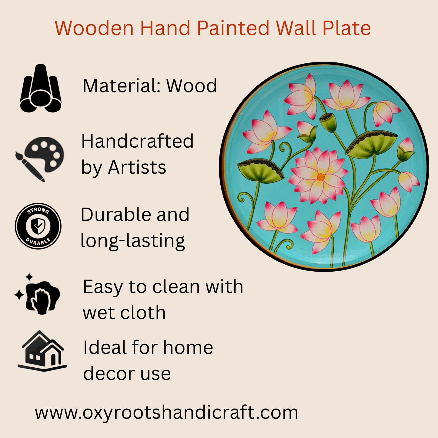 Wooden Hand Painted Round Plates Wall Flower Design