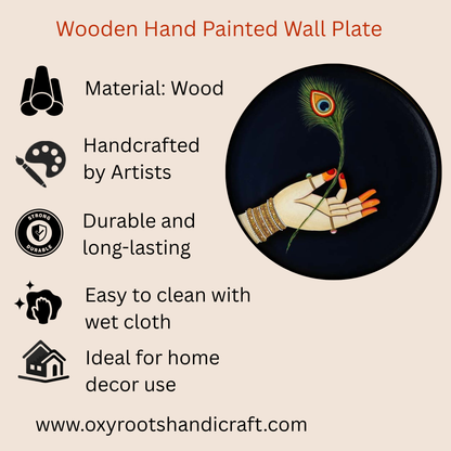 Wooden Hand Painted Round Plates Wall-Peacock Feather Design