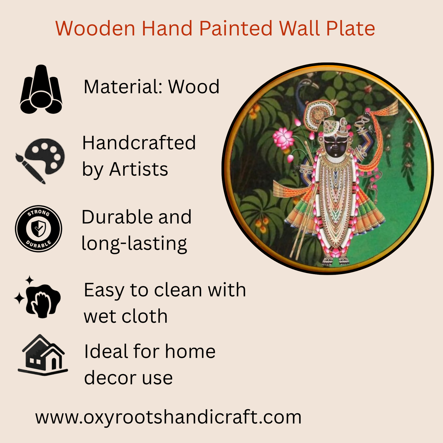 Wooden Hand Painted Round Plates Wall Shreenath Ji Design