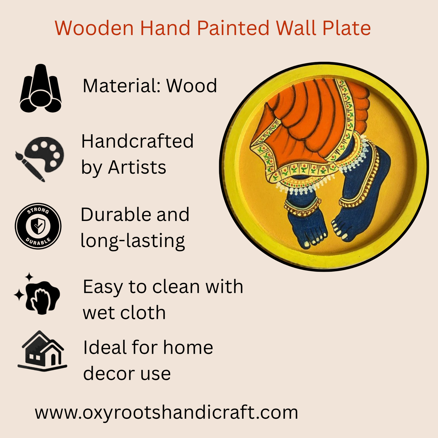 Divine Krishna Feet Hand-Painted Wooden Plate