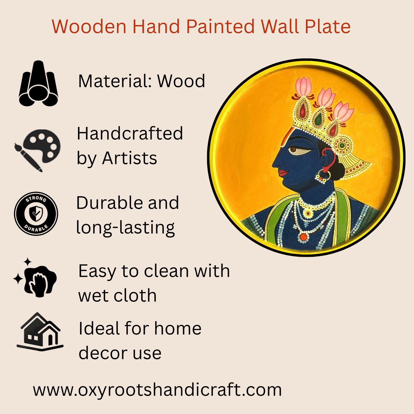 Wooden Hand Painted Round Plates Wall krishna Ji Design