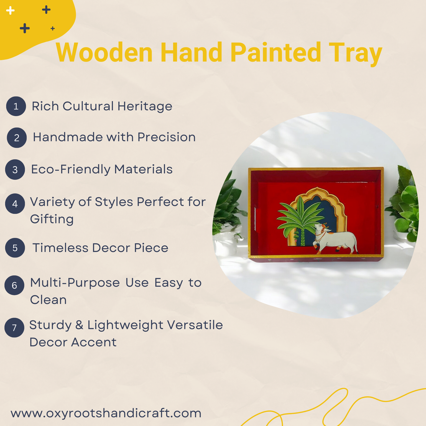 Wooden Hand Painted Serving Tray With Cow Design