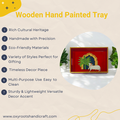 Wooden Hand Painted Serving Tray With Cow Design