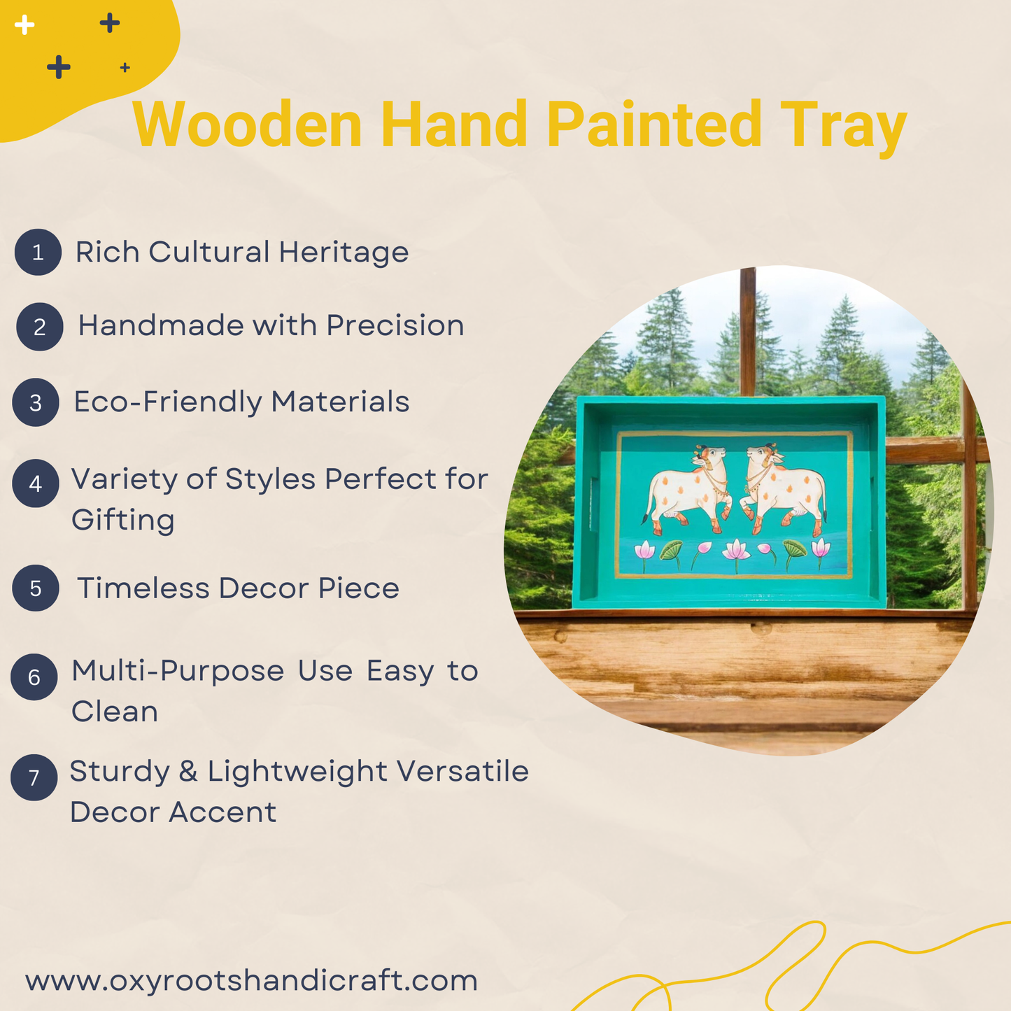 Wooden Hand Painted Serving Tray With Two Elegant Cow Design