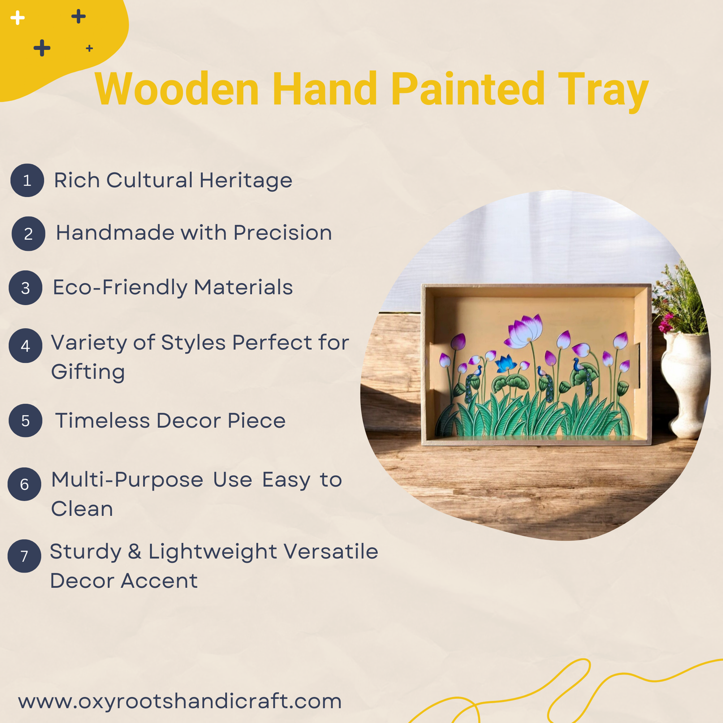 Wooden Hand Painted Serving Tray With Flowers Leaves And Peacocks Design