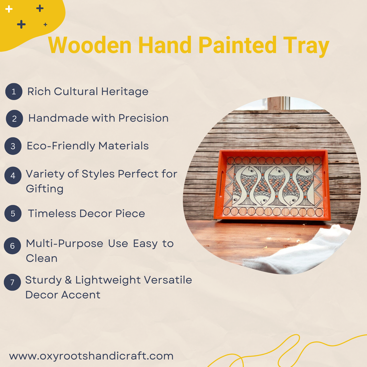 Wooden Hand Painted Serving Tray With Tree Design