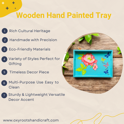 Wooden Hand Painted Serving Tray Flower Design