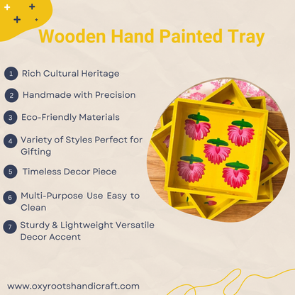 Wooden Hand Painted Serving Tray With Pink Flower Design