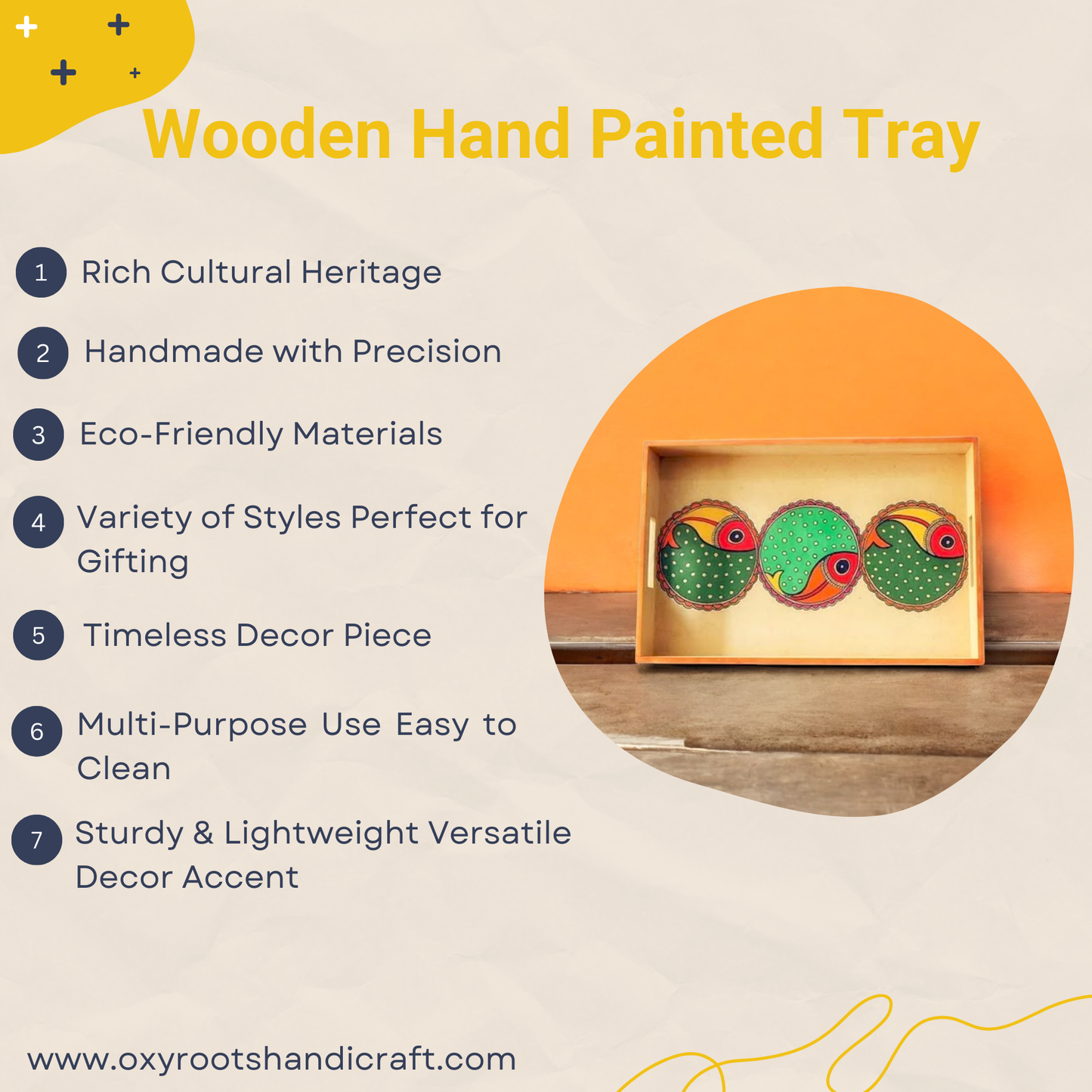 Wooden Hand Painted Serving Tray With Three Fish Desing