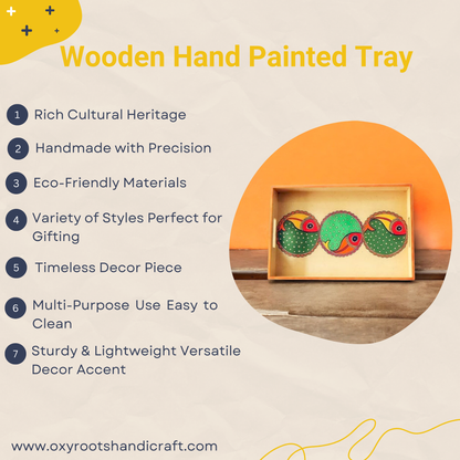 Wooden Hand Painted Serving Tray With Three Fish Desing