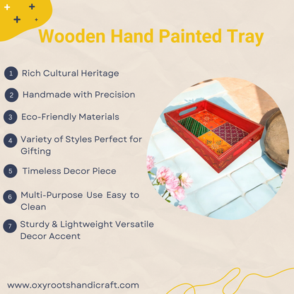 Wooden Hand Painted Serving Tray With Four Distinct Sections Desing