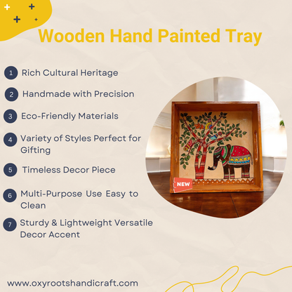 Wooden Hand Painted Serving Tray With Majestic Elephant Desing