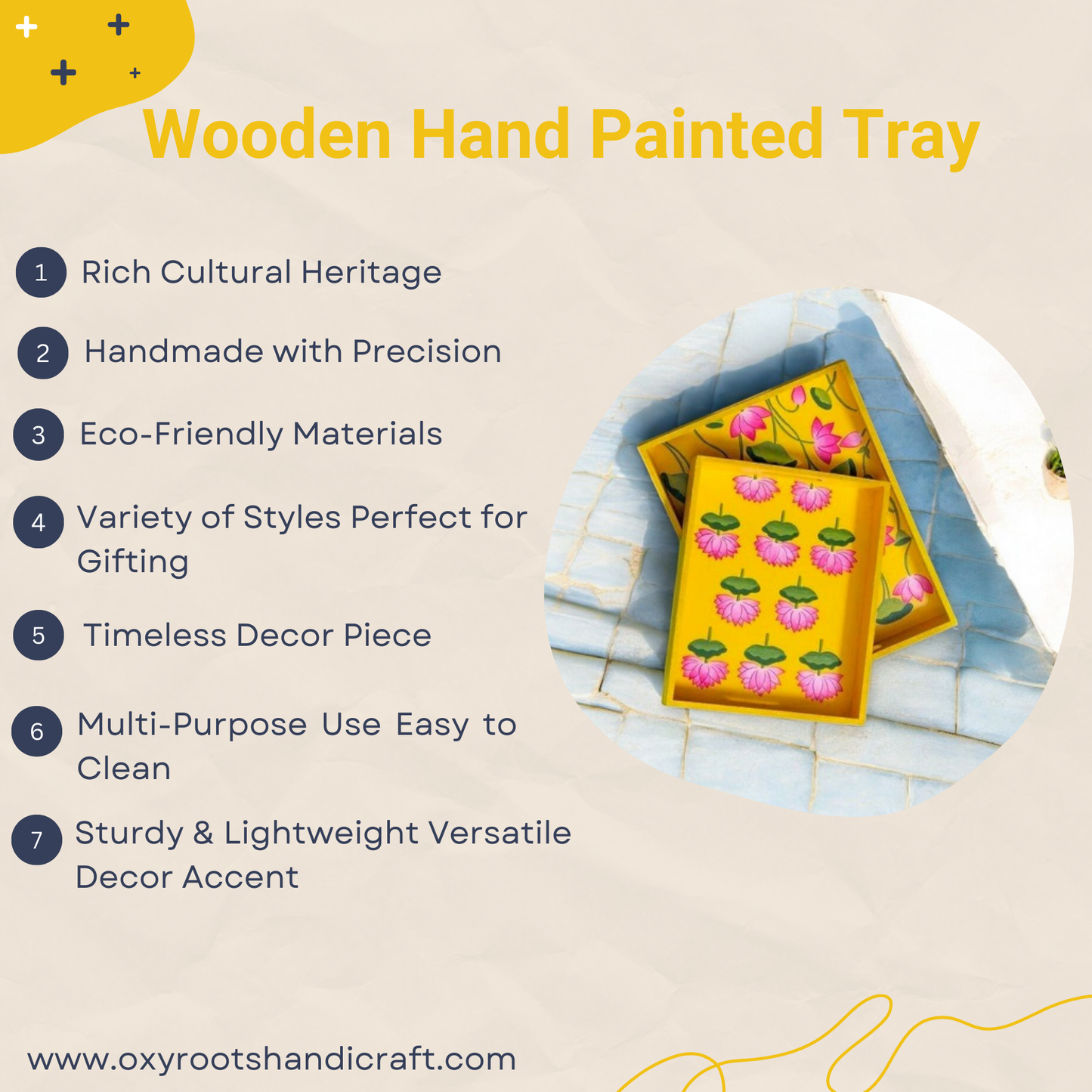 Wooden Hand Painted Serving Tray With Pink Lotus Desing