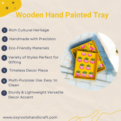 Wooden Hand Painted Serving Tray With Pink Lotus Desing