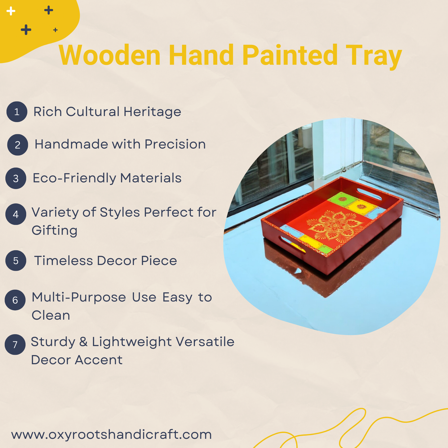 Wooden Hand Painted Serving Tray With Mandala Inspired Design