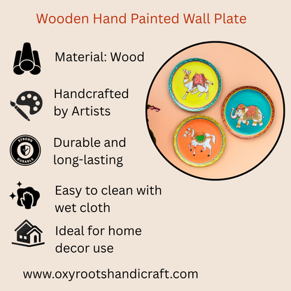 Wooden Hand Painted Wall Plates Home Decor - Camel Elephant And Horse Designs