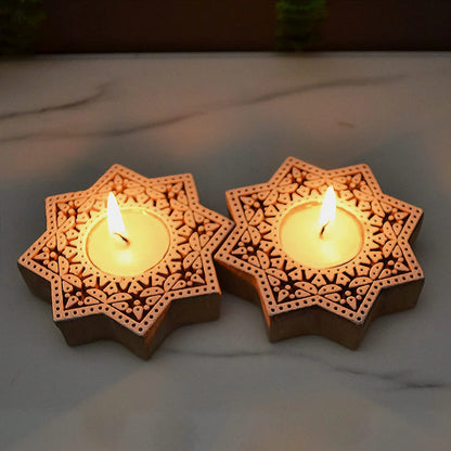 Wooden Hand block Star Shape Diya pair