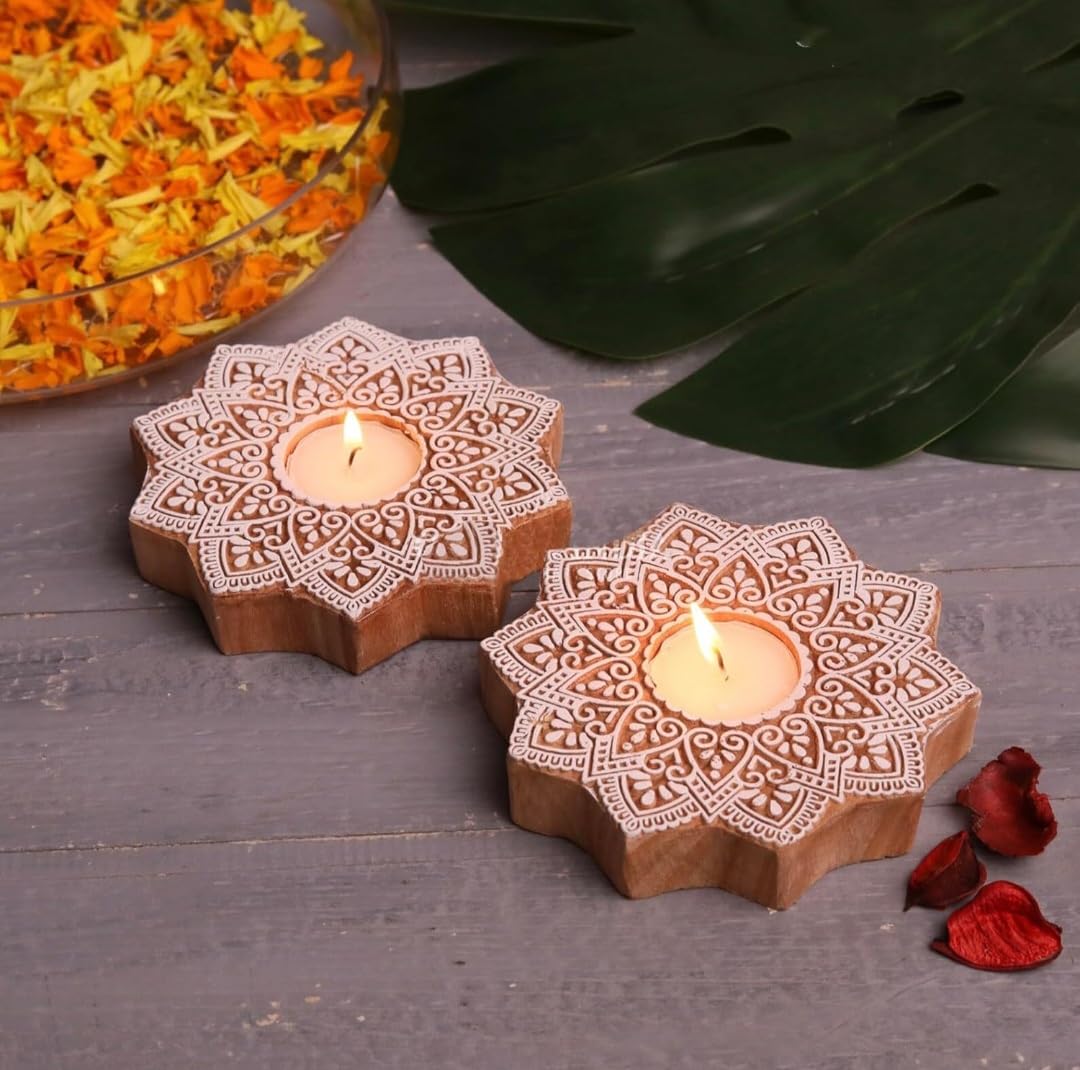 Wooden Hand block Star Shape Diya pair