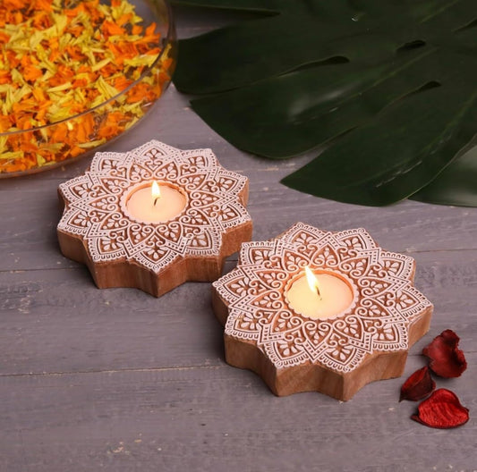 Wooden Hand block Star Shape Diya pair