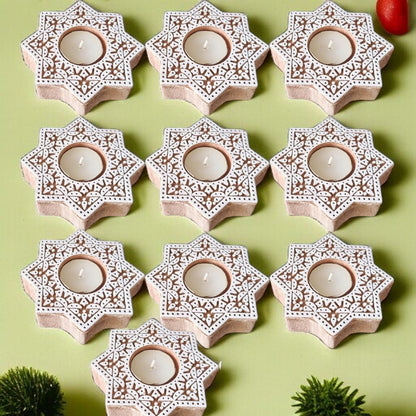 Wooden Hand block Star Shape Diya pair