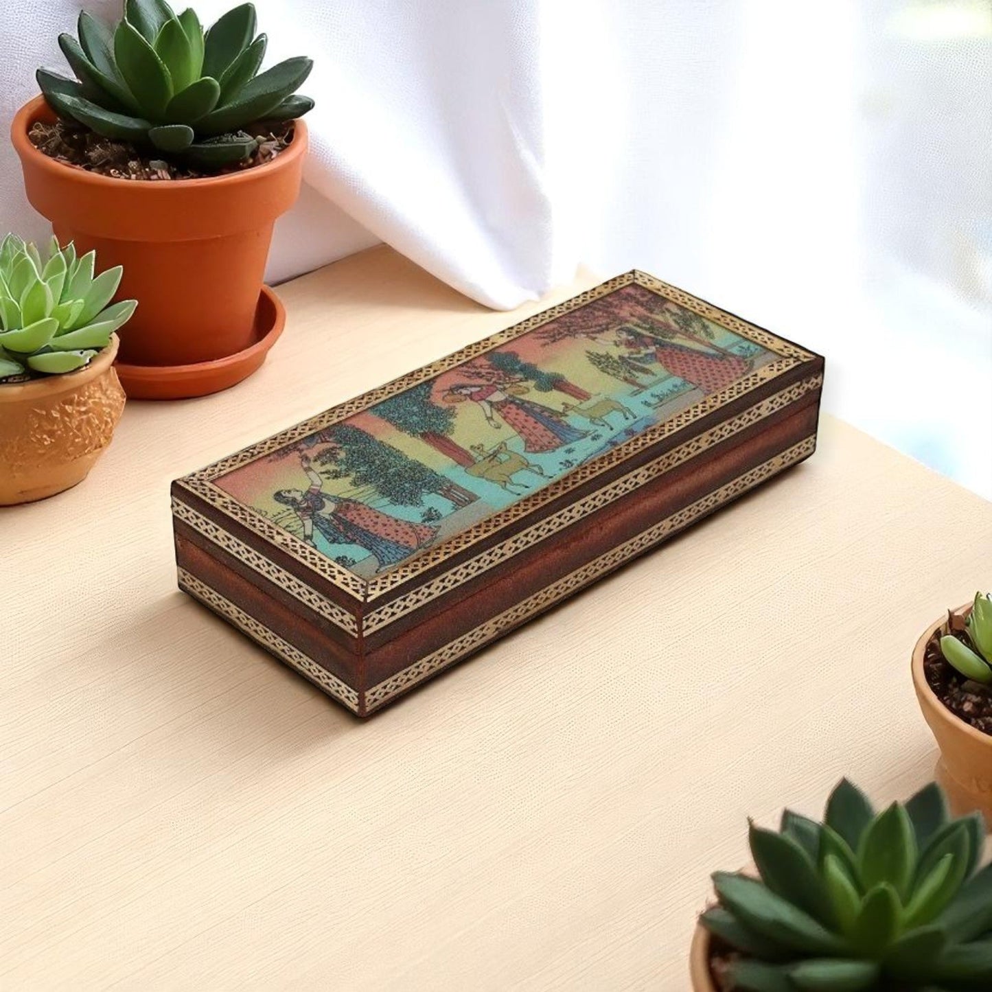 Wooden Jewellery Box With Gemstone Painting 10x4 inch