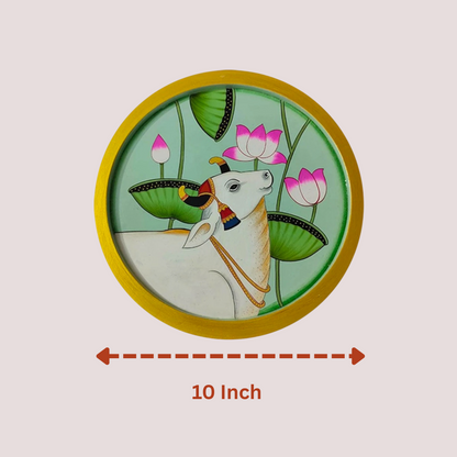 Wooden Round Plate With Divine Cow Artwork