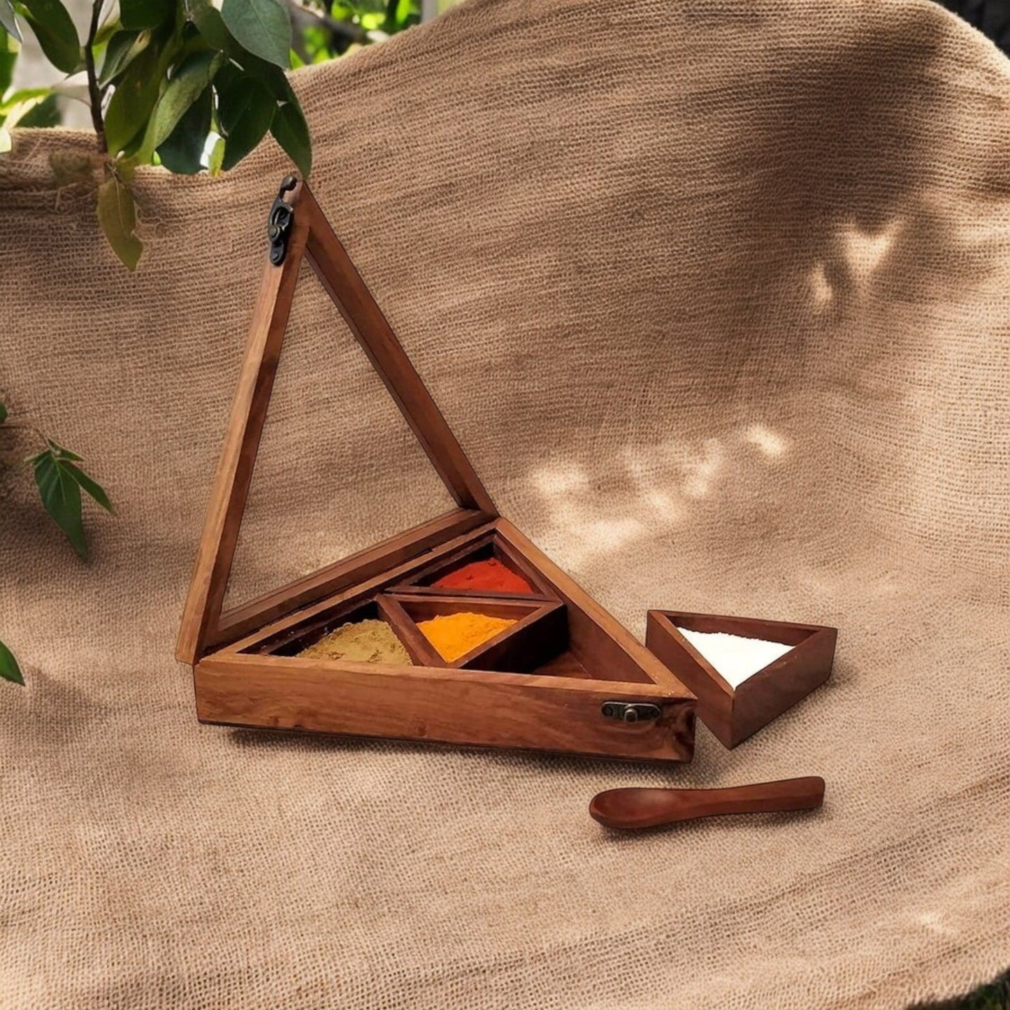 Wooden Container Spice 4 Box With Spoon