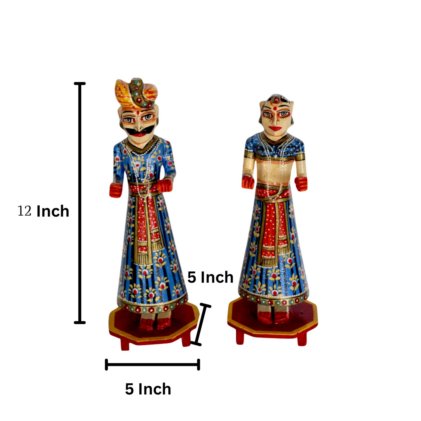Two colorful figurines with measurements on a white background