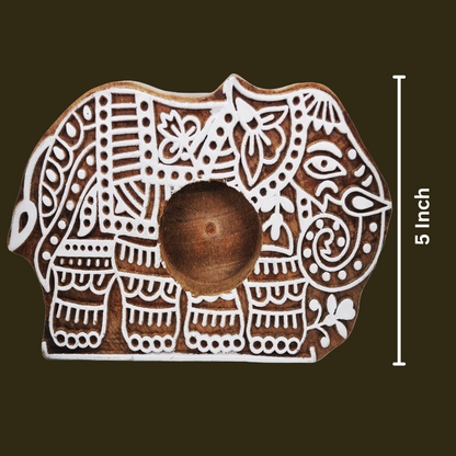 Wooden Hand block Elephant Shape Diya pair