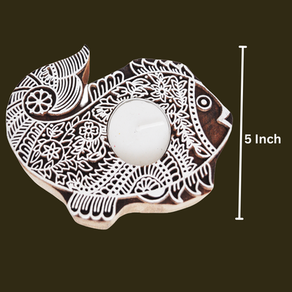 Wooden Hand block Fish Shape Diya pair