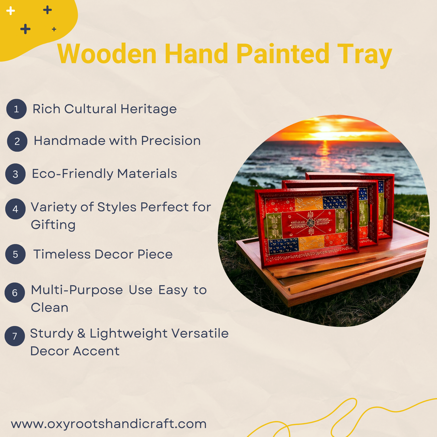 Wooden Serving Tray Hand Painted Set of 3