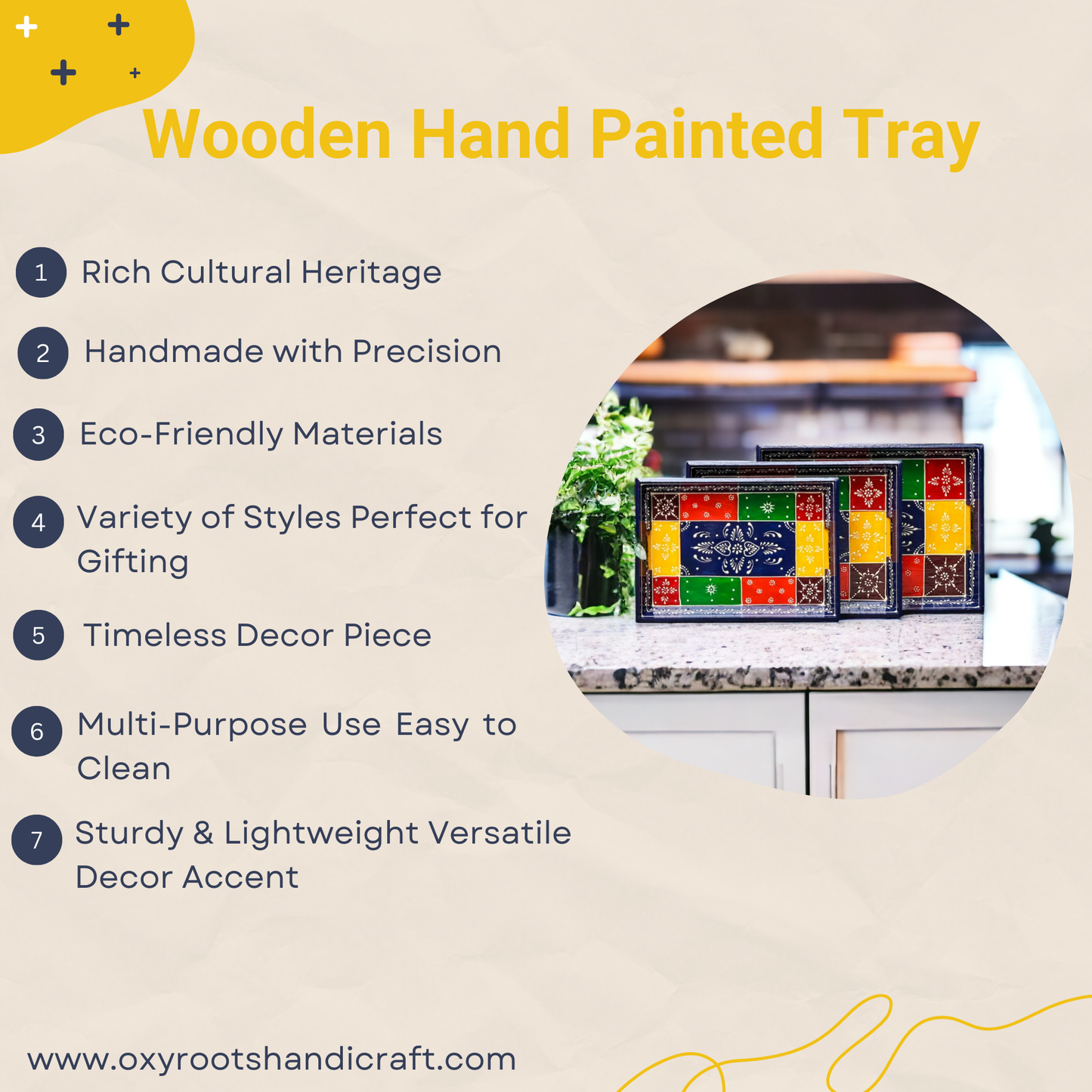 Wooden Serving Tray Hand Painted Set of 3