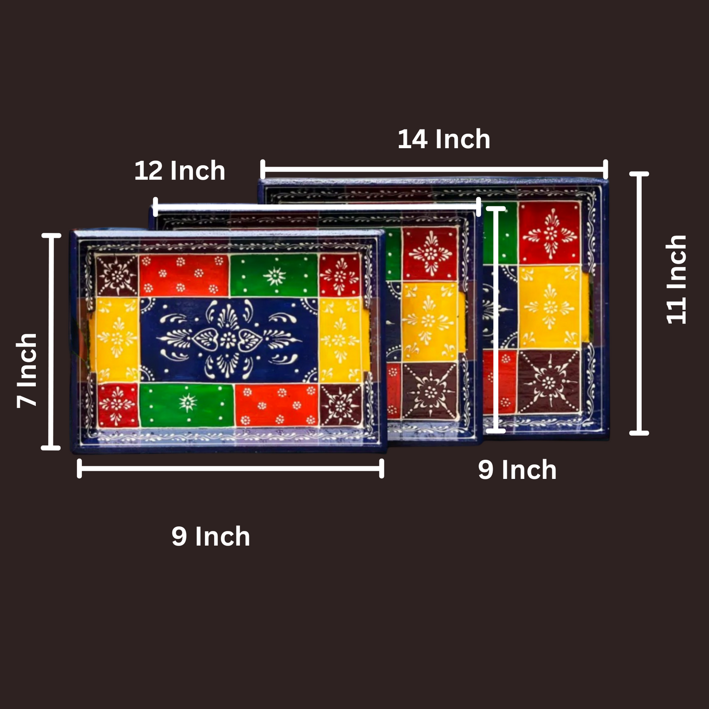 Wooden Serving Tray Hand Painted Set of 3