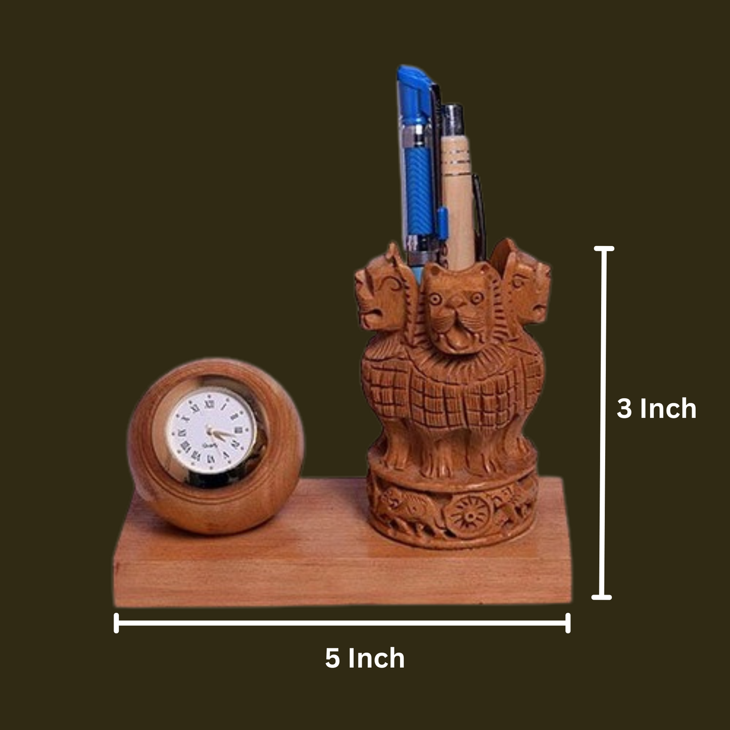 Wooden Watch Carved Pen Holder Table Top Decor