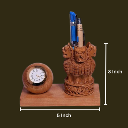 Wooden Watch Carved Pen Holder Table Top Decor