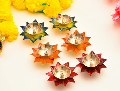 Beautifull Flower Puja Kamal Patti Brass Diya Oil Lamp Set of 6 pc