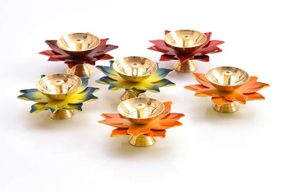 Beautifull Flower Puja Kamal Patti Brass Diya Oil Lamp Set of 6 pc
